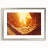 Silver-framed landscape artwork depicting a serene cave scene, elegantly matted for enhanced presentation, perfect for home decor or art enthusiasts.