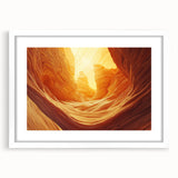 Framed landscape artwork depicting serene caves with a white mat, ideal for home decor, highlighting natural beauty and tranquility in a modern setting.