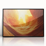 Framed acrylic wall art depicting a serene landscape with caves, showcasing vibrant colors and intricate details, ideal for modern home decor.