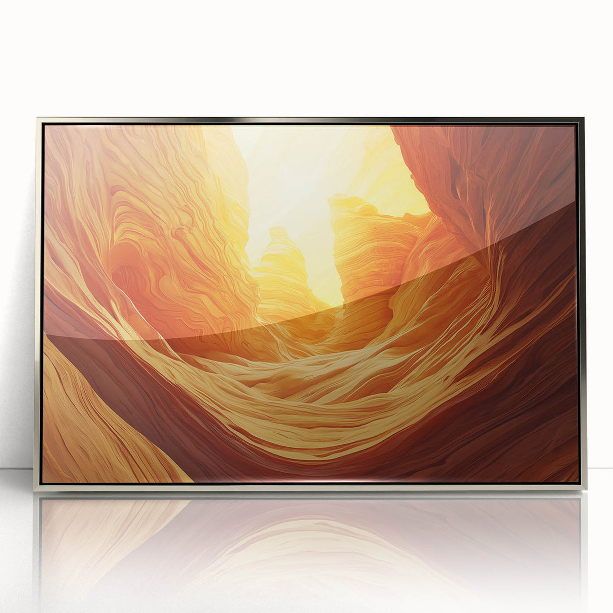 Framed acrylic artwork depicting a serene landscape with caves, showcasing vibrant colors and intricate details, ideal for home decor and art enthusiasts.