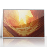 Framed acrylic artwork showcasing a stunning landscape with cave imagery, featuring a white frame that complements the vibrant colors of the scene. Ideal for enhancing modern decor.