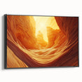 Framed canvas artwork depicting a stunning landscape with caves, featuring rich earth tones and vibrant details, set against a sleek black frame, perfect for home decor.