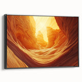 Framed canvas artwork depicting a stunning landscape with caves, featuring rich earth tones and vibrant details, set against a sleek black frame, perfect for home decor.