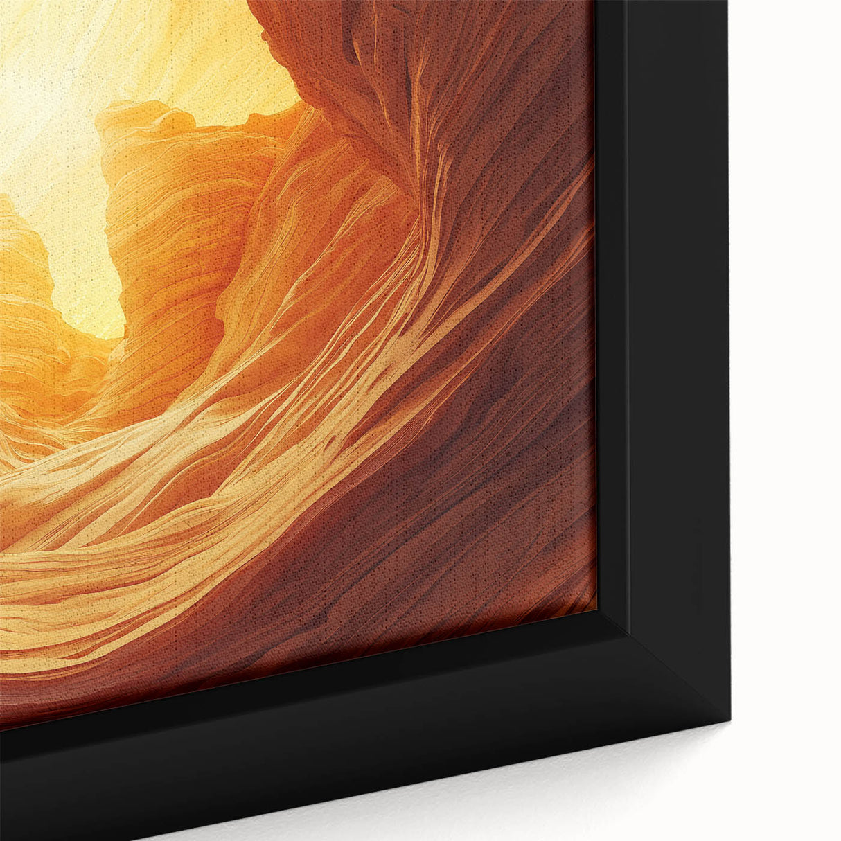 Close-up of a framed canvas artwork showcasing a vibrant landscape with intricate cave formations, perfect for adding a touch of nature-inspired decor to any space.