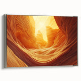 Framed canvas artwork depicting a serene landscape with caves, accented by a sleek silver frame, showcasing detailed textures and vibrant colors, ideal for modern decor.