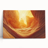 Stretched canvas artwork showcasing a serene landscape with intricate cave formations, leaning against a neutral wall, enhancing home decor with natural beauty.