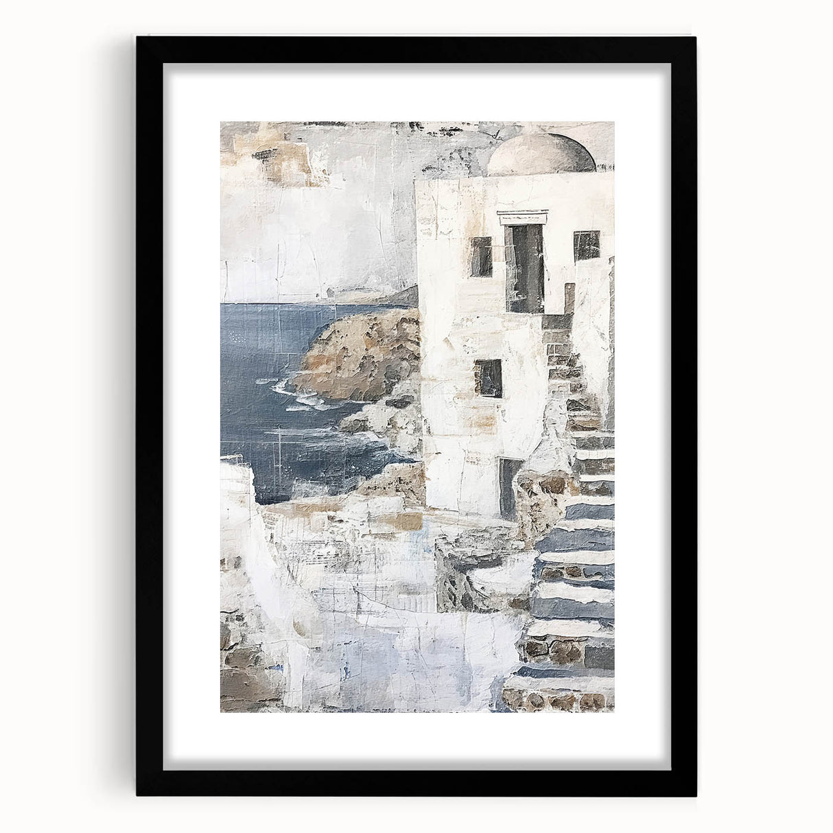 Abstract architecture wall art framed in black with a white mat, showcasing geometric patterns and shapes, ideal for modern home decor. Perfect for enhancing living spaces with a contemporary aesthetic.