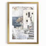 Abstract architectural wall art framed in gold, showcasing geometric shapes and soft neutral tones, ideal for modern home decor or office spaces.