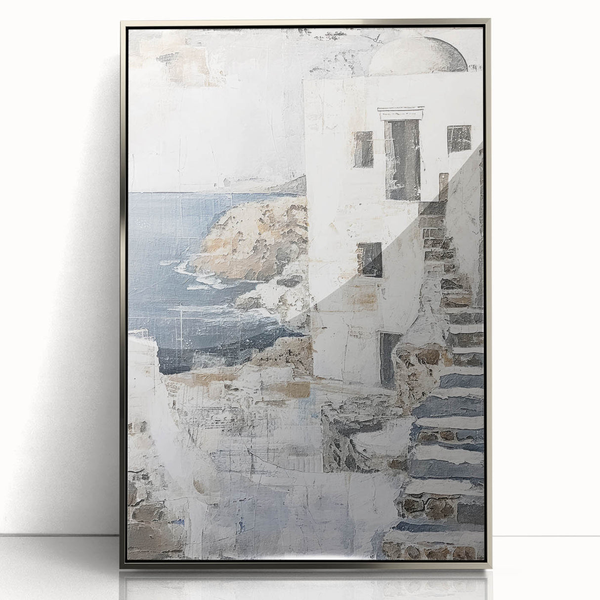 Framed abstract architecture wall art in silver acrylic showcases geometric shapes and lines, adding a modern touch to any decor. Perfect for contemporary interiors.