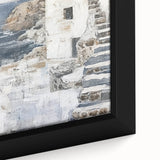 Close-up of a framed abstract architecture wall art piece showcasing geometric shapes in vibrant colors, ideal for modern interior design. This canvas print adds a contemporary touch to any living space.