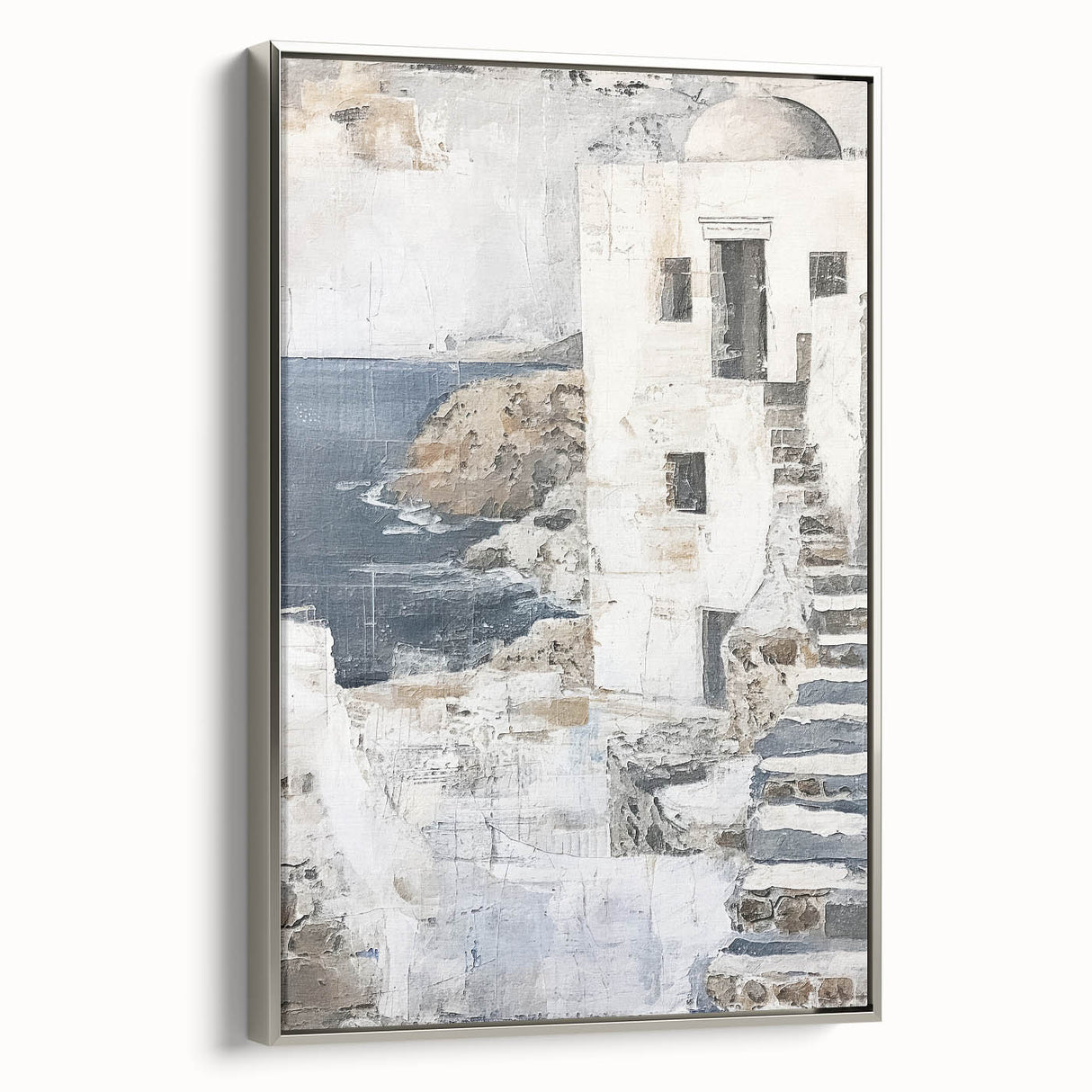 Framed abstract architecture wall art in silver tones showcasing geometric shapes and lines, highlighting modern design aesthetics. Perfect for contemporary home decor.