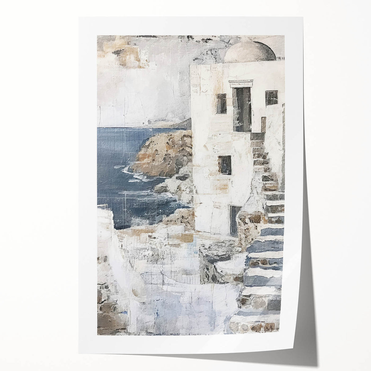 Abstract architectural wall art print showcasing geometric shapes and vibrant colors, rolled and ready for display, enhancing modern interior decor.