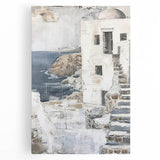 Abstract architectural wall art on stretched canvas, showcasing bold geometric shapes in shades of blue and gold, perfect for modern home decor.