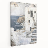 Abstract architectural wall art on stretched canvas, showcasing a modern design with geometric patterns in shades of blue and gray, ideal for contemporary decor.