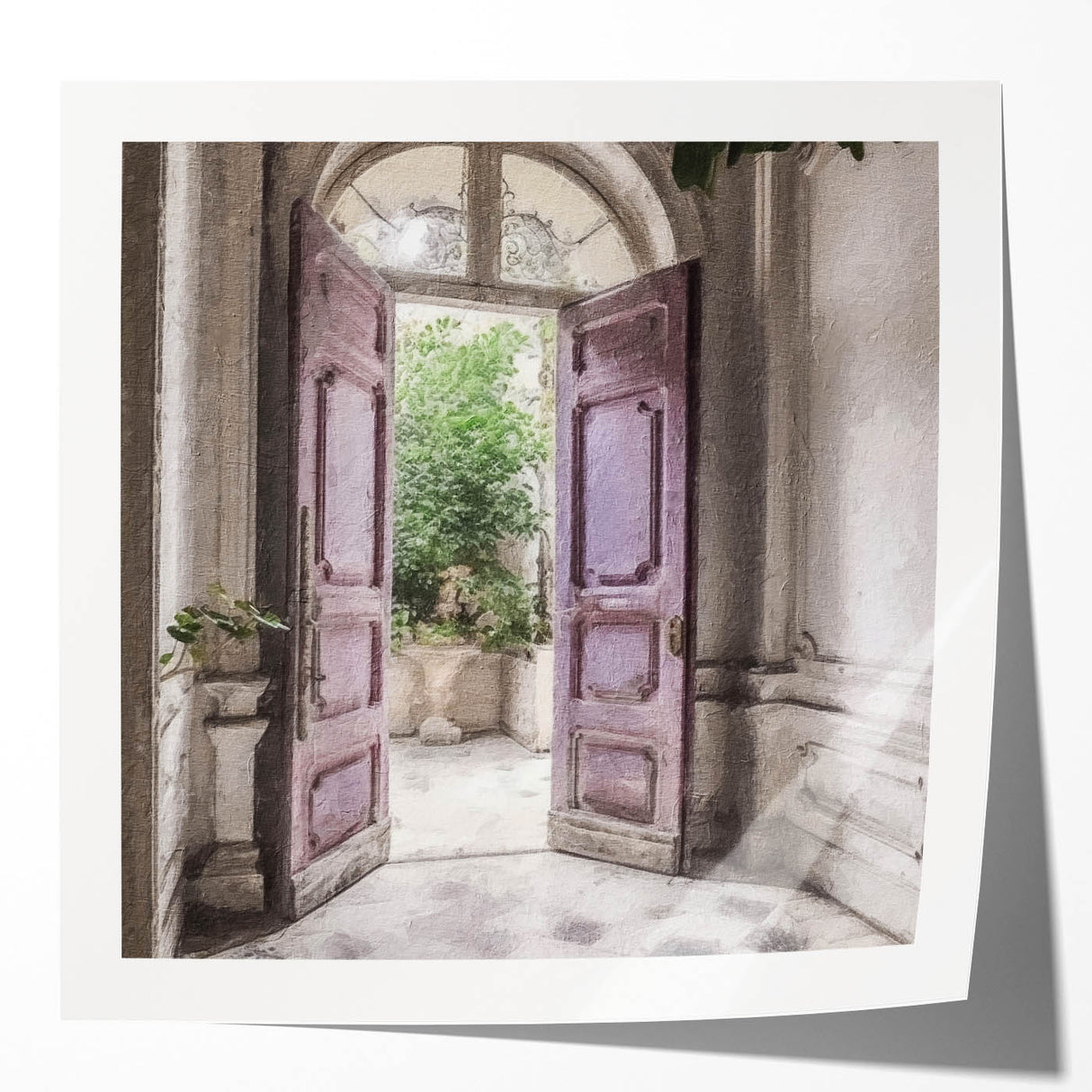 Extra large floral art on glossy print, featuring an ornate French door design in muted tones, ideal for dining room decor.