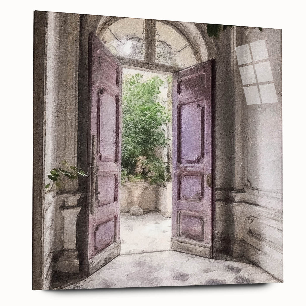 Large abstract wall art on acrylic glass depicting a detailed architecture door design in monochrome.