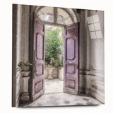 Large abstract wall art on acrylic glass depicting a detailed architecture door design in monochrome.
