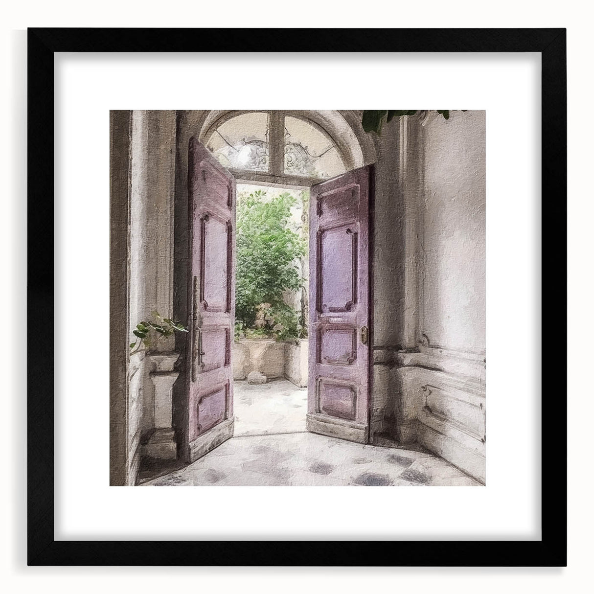 Colorful abstract art print featuring textured brush strokes in vibrant hues on a large framed canvas.