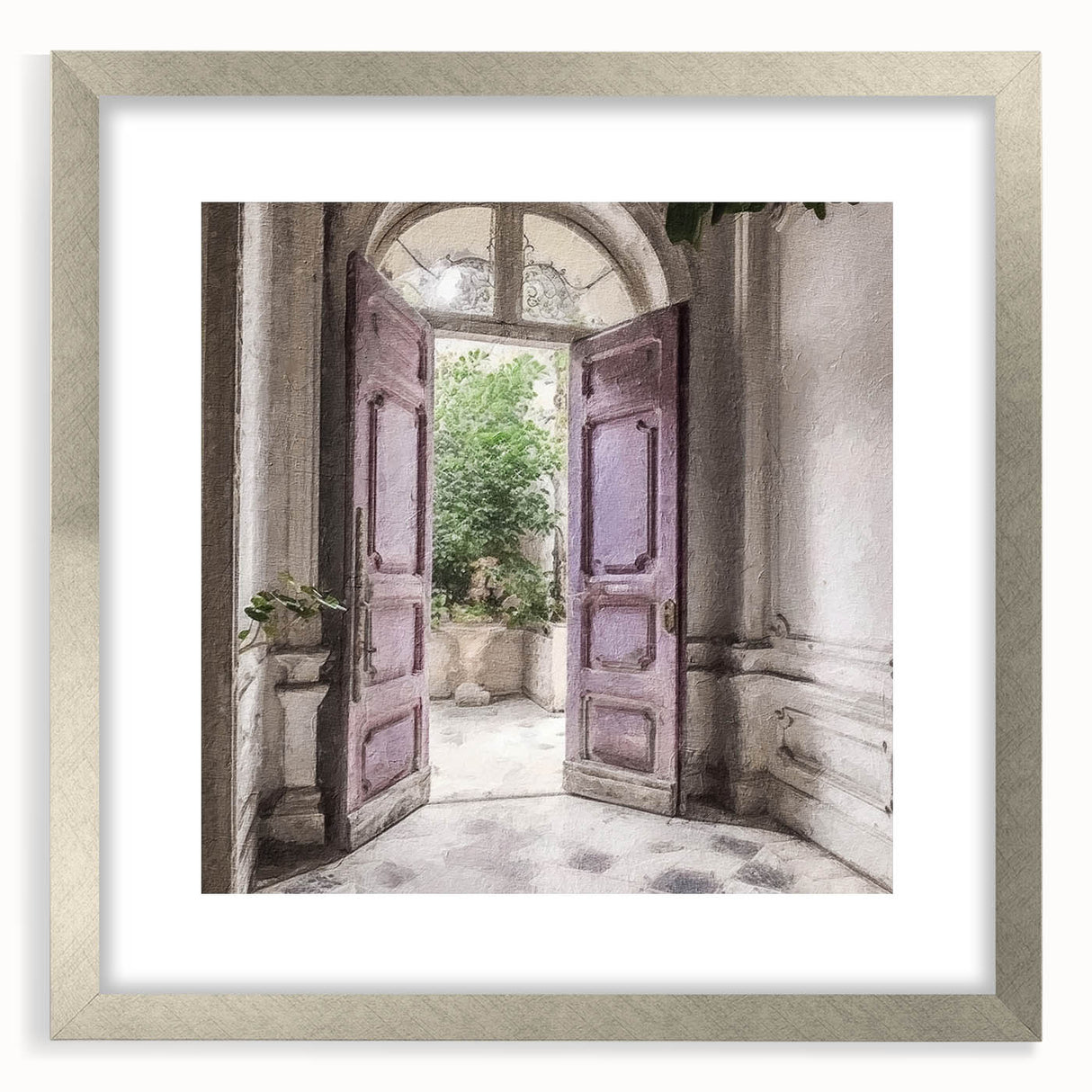 Textured abstract art print of a French door design in silver frame, ideal for modern bedroom ambiance.