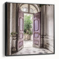 Black and white vintage poster art of a French door architecture on framed canvas, suitable for bedroom decor.
