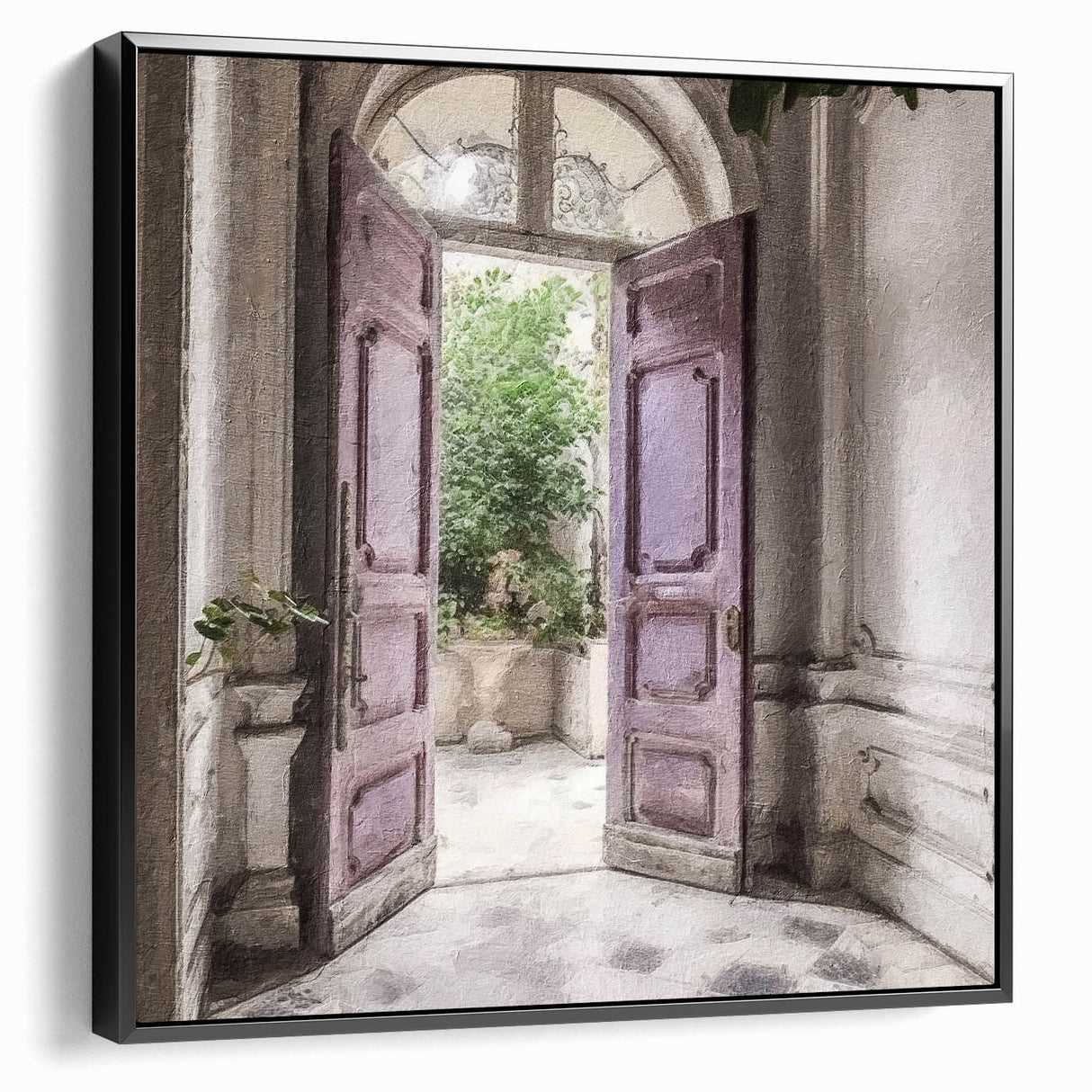 Black and white vintage poster art of a French door architecture on framed canvas, suitable for bedroom decor.