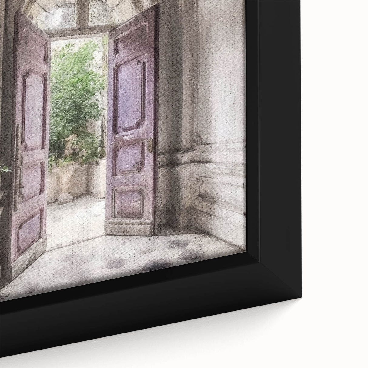 Close-up of a black, textured door depicted in vibrant, colorful art on a large framed canvas, ideal for living room decor.