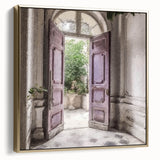 Framed canvas featuring a vintage poster of a French door in black with silver and gold accents.