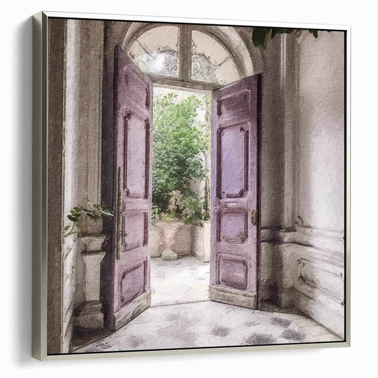 Landscape art painting of a French door in muted black and white tones on a framed canvas, suitable for vintage style decor.