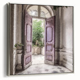 Landscape art painting of a French door in muted black and white tones on a framed canvas, suitable for vintage style decor.