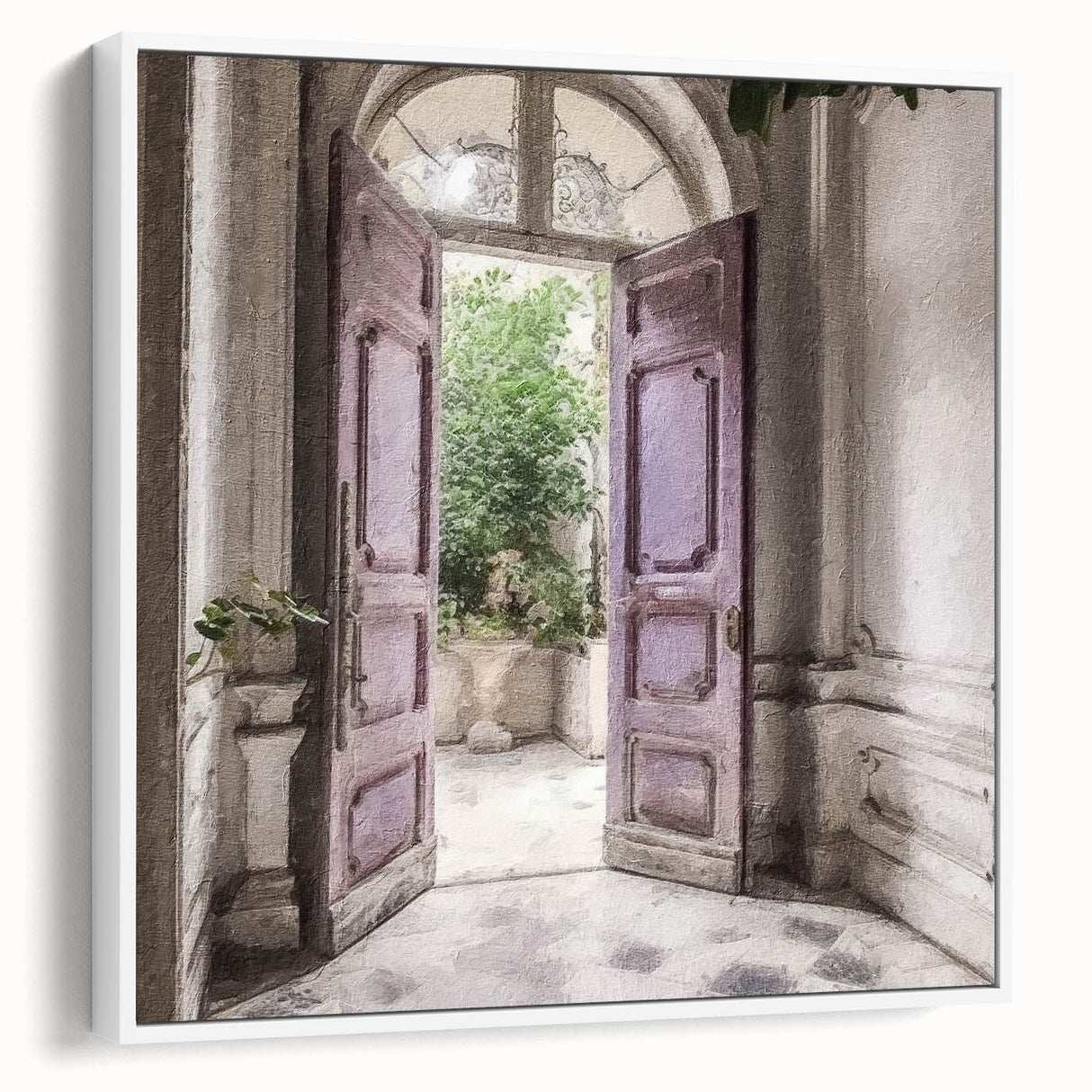 Vintage poster art featuring a French door design on a white framed canvas, ideal for living room decor.