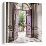 Vintage poster art featuring a French door design on a white framed canvas, ideal for living room decor.