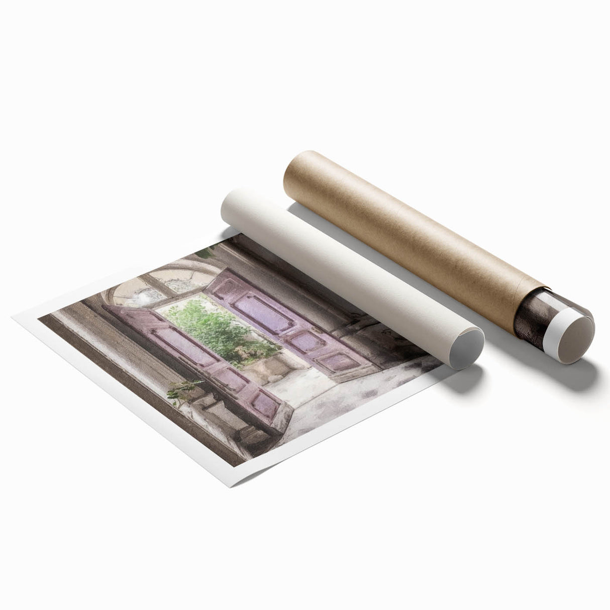 Extra large rolled print of a French door architecture with floral accents, ideal for classy bathroom wall art.