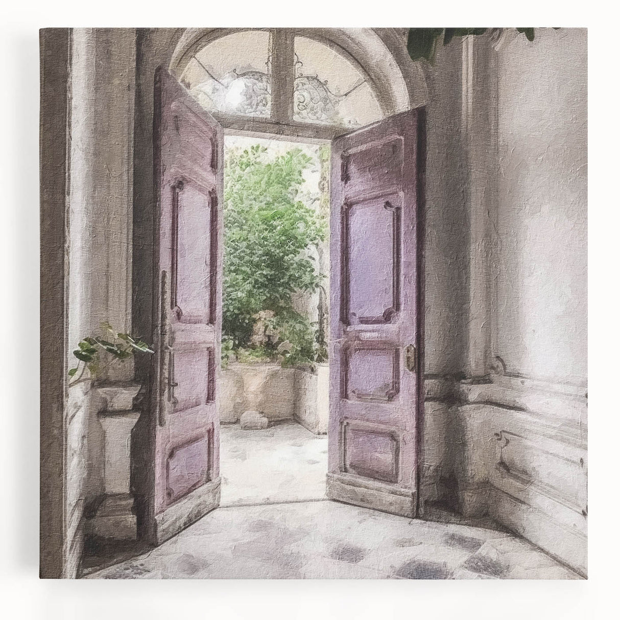 Black and white photograph of a French door architecture on stretched canvas, suited for kitchen wall art.