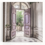 Black and white photograph of a French door architecture on stretched canvas, suited for kitchen wall art.