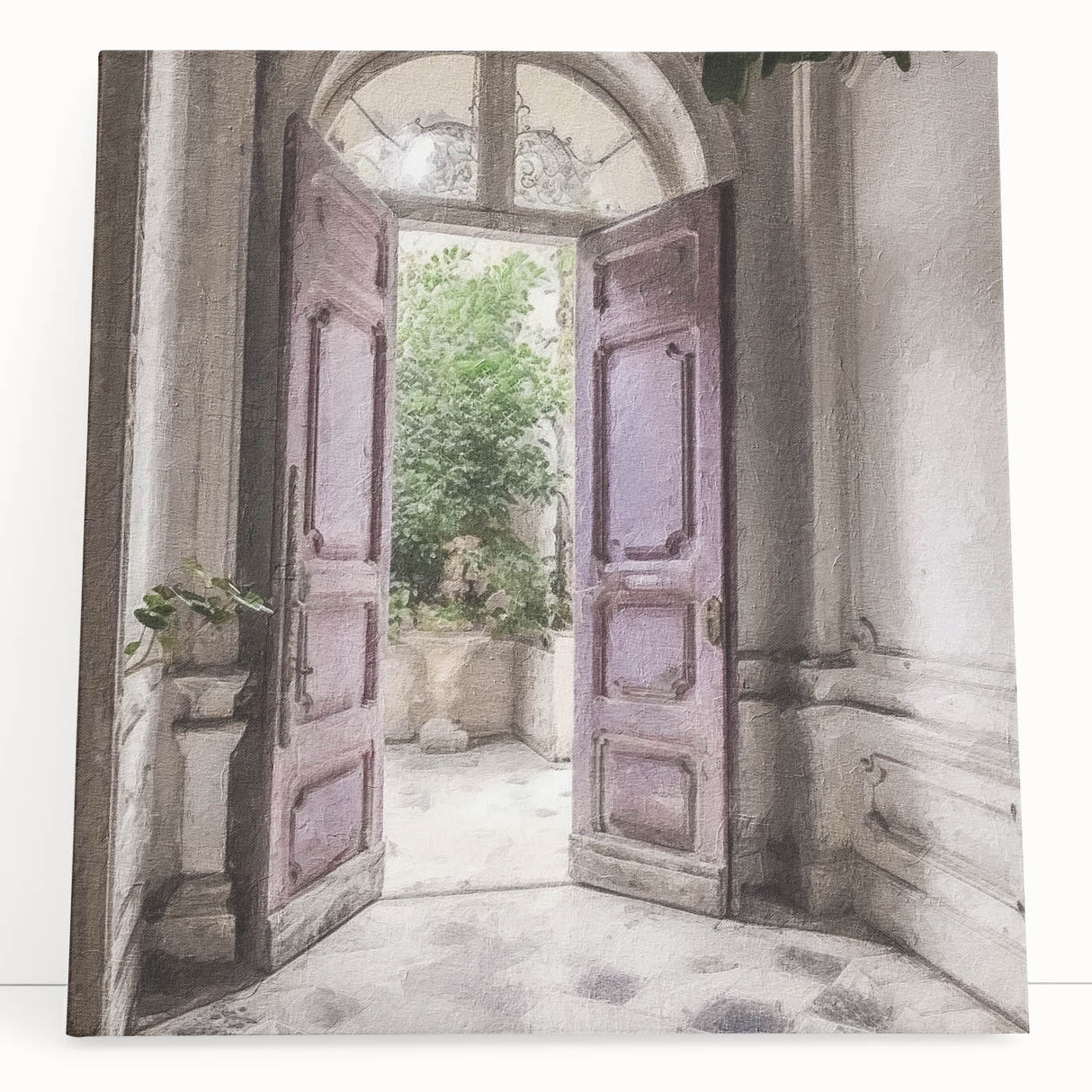 Large black and white photo of a French door architecture on stretched canvas.