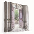 Large art print of a French door design on stretched canvas, featuring neutral beige and white tones.
