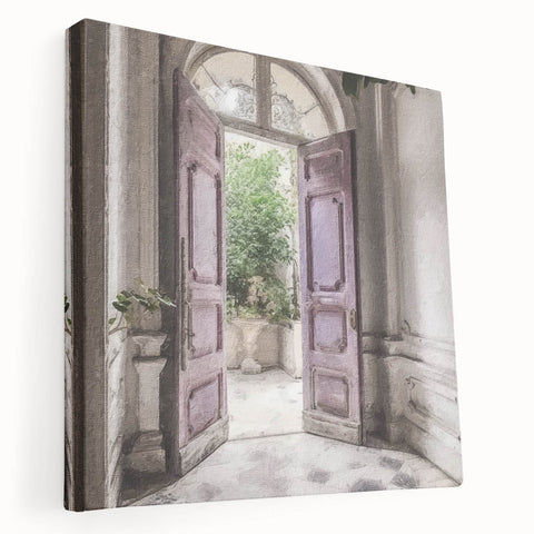 Large art print of a French door design on stretched canvas, featuring neutral beige and white tones.