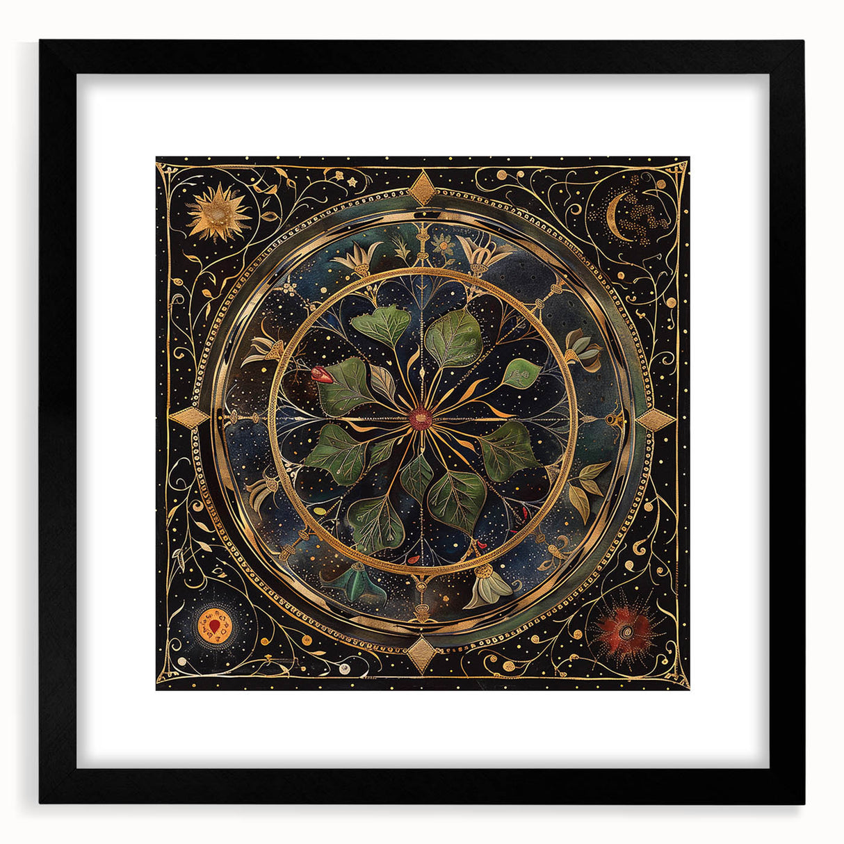 Black-framed wall art featuring a floral and botanical design with vibrant colors, set against a white background, ideal for modern home decor.