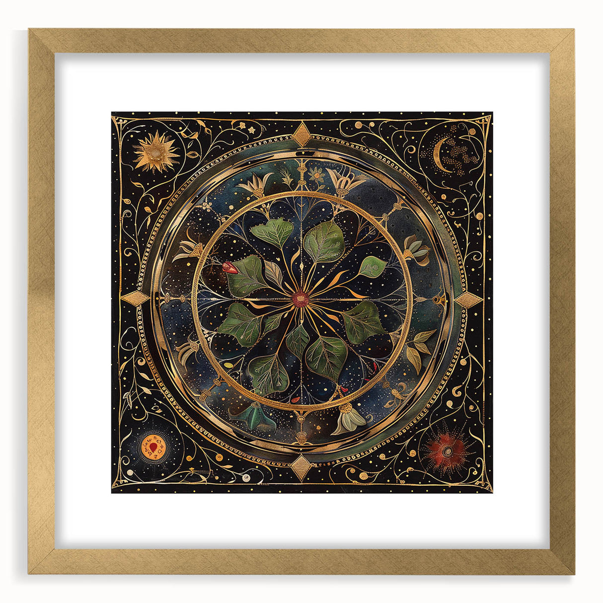 Elegant floral wall art featuring vibrant flowers and green leaves, framed in gold with a mat, showcasing a stylish front view perfect for home decor.