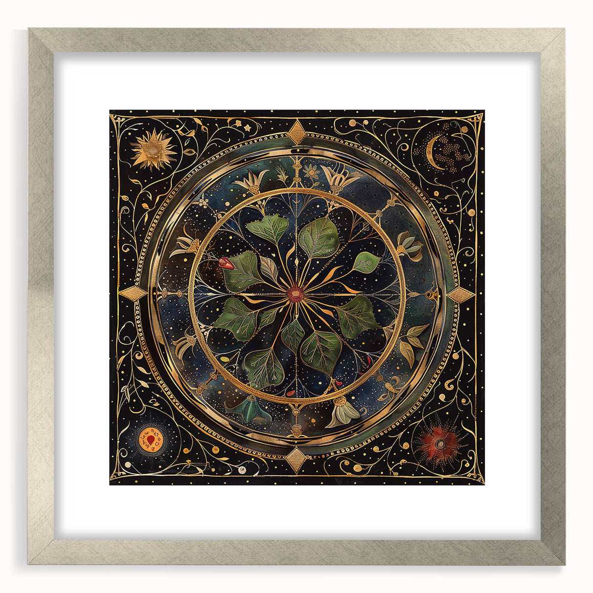 Framed botanical wall art featuring delicate floral and leaf designs in soft colors, set within a sleek silver frame, perfect for enhancing modern decor.