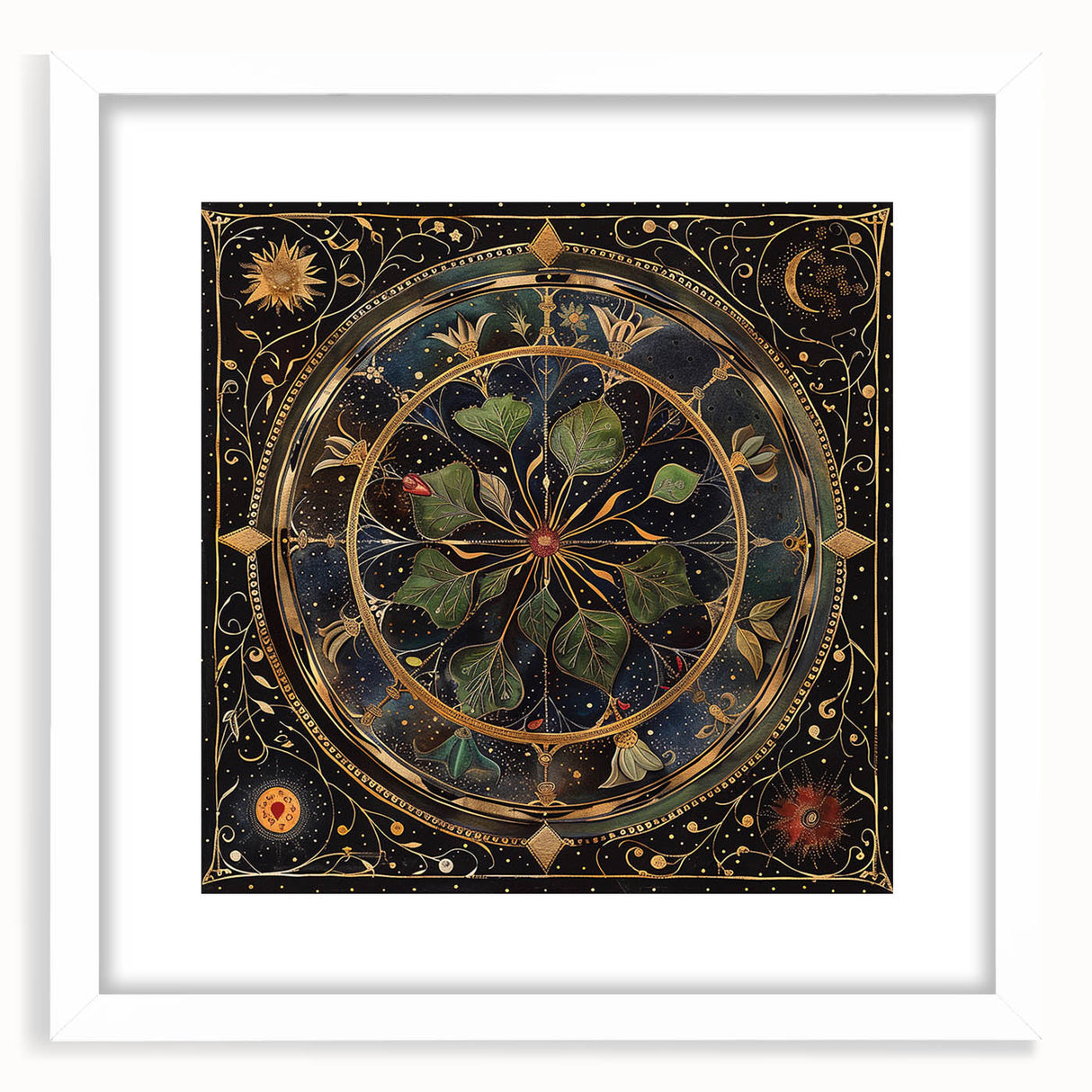 Framed wall art featuring a botanical design with colorful flowers and leaves, set in a white mat, ideal for enhancing home decor with a natural touch.