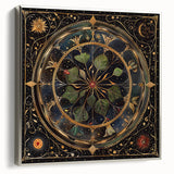 Framed canvas wall art featuring a botanical design with vibrant flowers and lush green leaves, elegantly displayed with a silver frame, perfect for home decor.