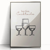 Large art print of a mid-century modernist food and drink motif in silver frame, ideal for modern kitchen decor.