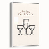 Vintage poster art of colorful cocktails on a black background, framed canvas, ideal for living room decor.