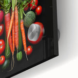 Close-up of large abstract fruit depiction in vibrant colors on acrylic glass, suitable for dining room art.