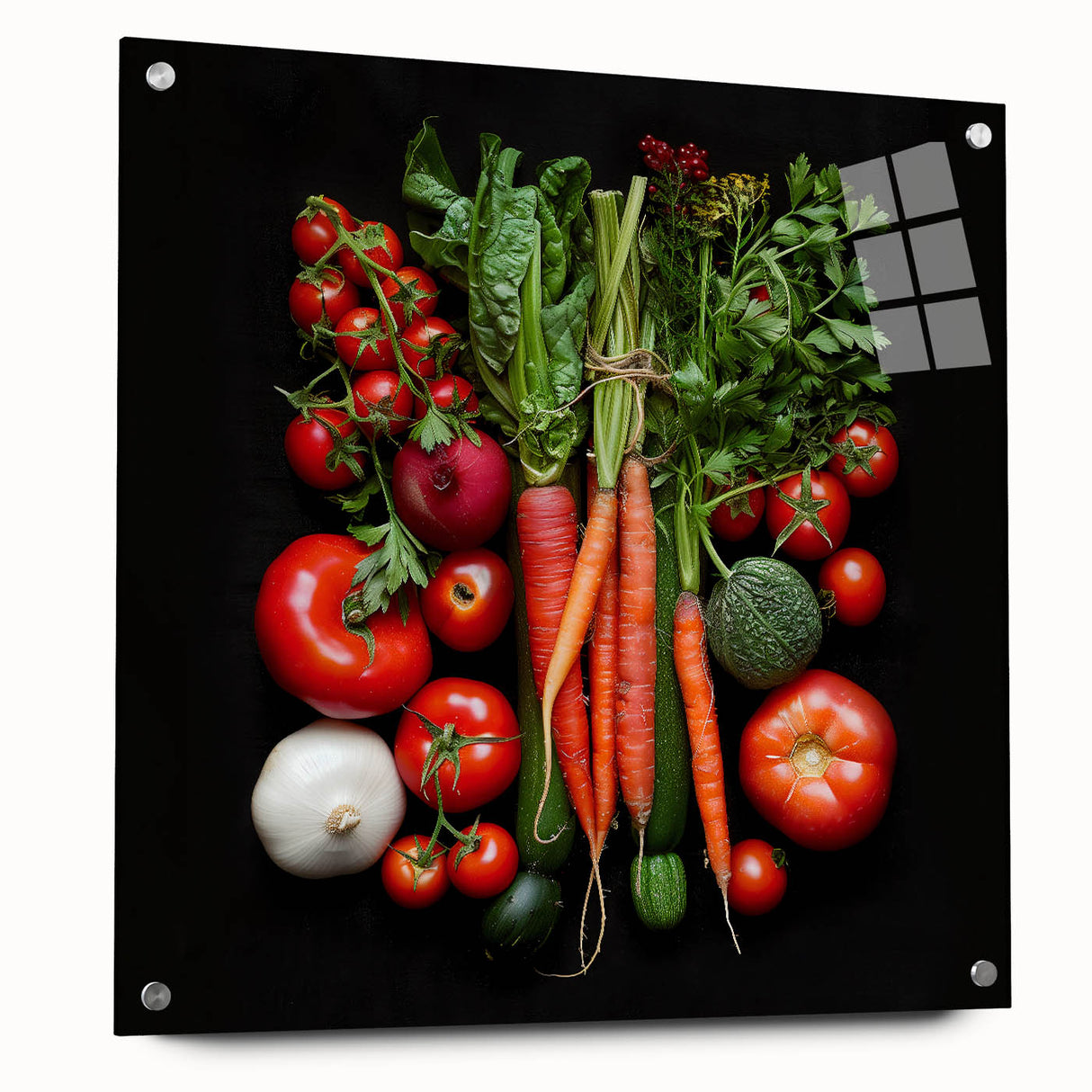 Acrylic glass print of various fruits in vibrant colors, suitable for dining room or kitchen decor.