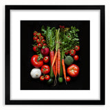 Extra large, textured abstract art print featuring vibrant fruit motifs on a black framed canvas.