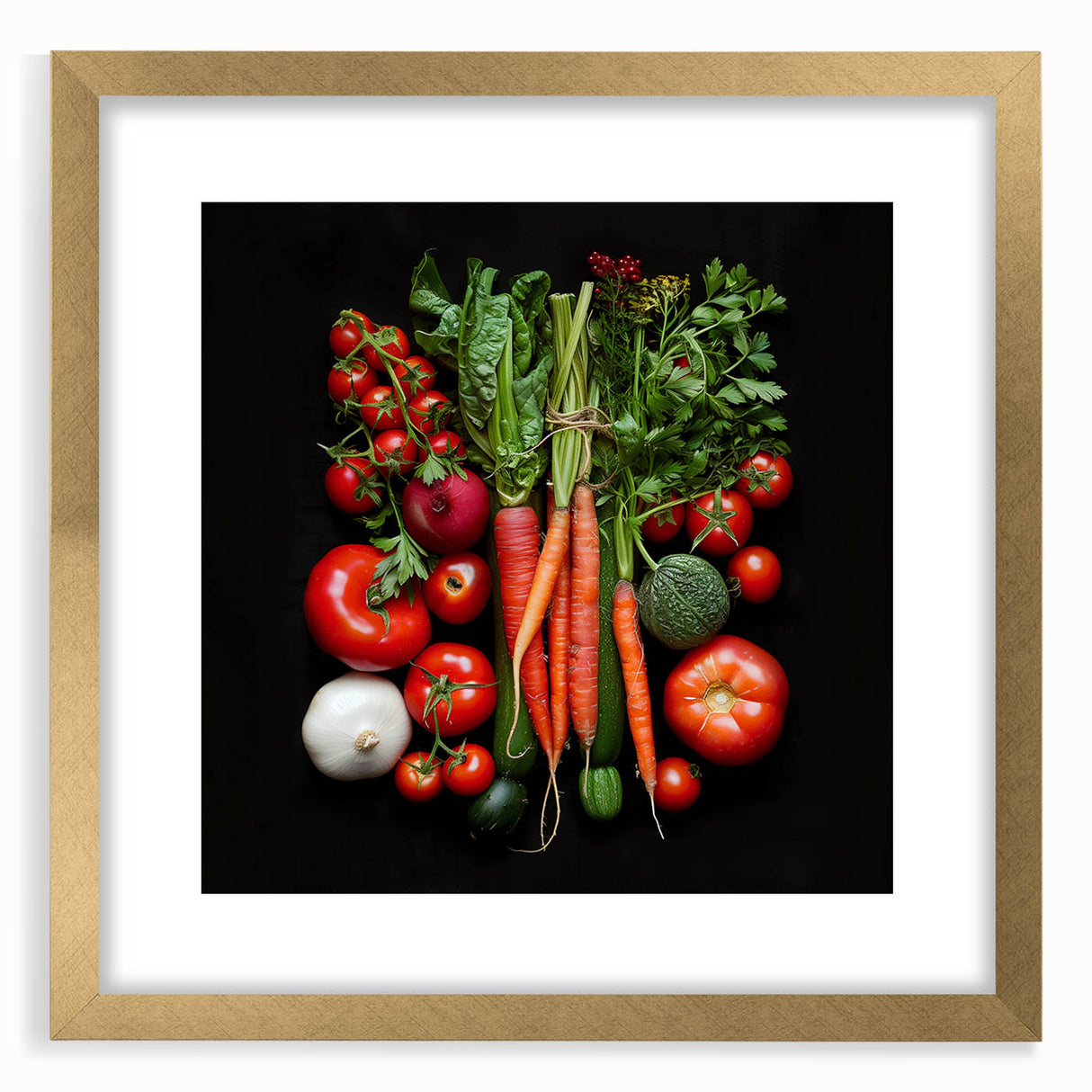 Extra large abstract art print featuring vibrant fruits on textured canvas, framed in gold, ideal for living room decor.