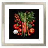 Textured abstract art print featuring an array of colorful fruits on a framed silver mat, ideal for bedroom art.
