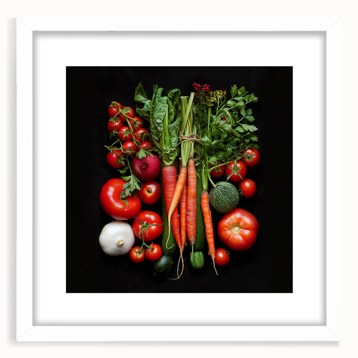Abstract art print featuring assorted fruits in vibrant colors on a white framed canvas, ideal for dining room decor.